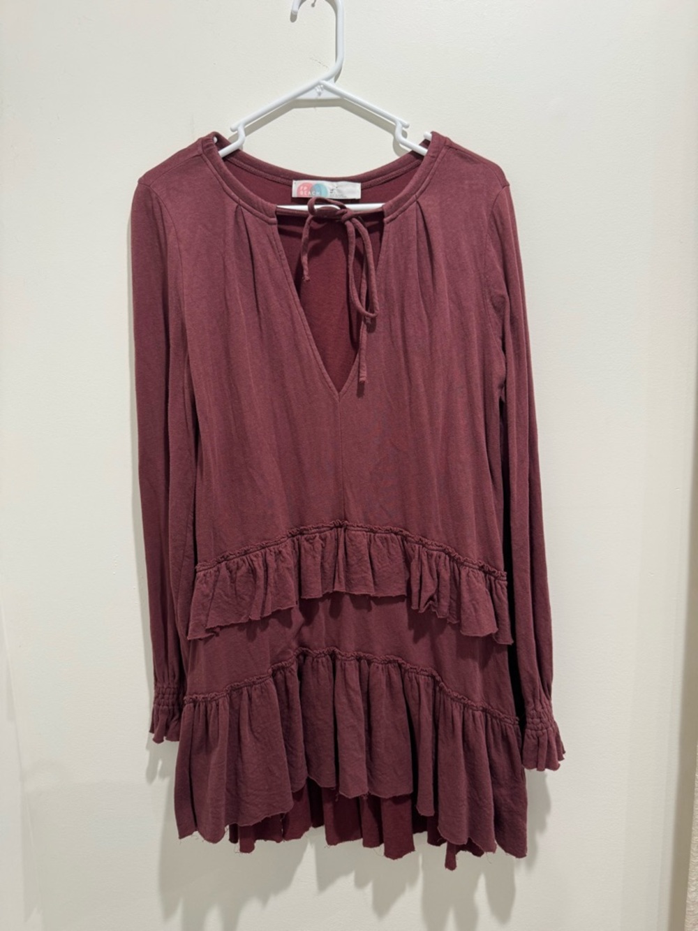 Free People Beach‎ Midsummer Night Ruffle Mini Dress XS Burgundy Boho